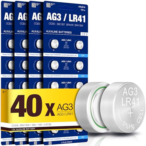 5Plus 40-Pack LR41 AG3 392 192 SR41SW L736 LR736 1.5V Alkaline Button Cell Batteries – Ideal for Watches, Calculators, Toys & Small Electronics