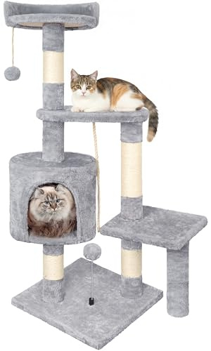 Arbre à Chat,112cm Tour de Jeux Stable pour Chat | Arbre à Grimper Multi-niveaux avec 4 Poteaux en Sisal, 3 Plateformes, 1 Nid Douillet Chaton-Gris