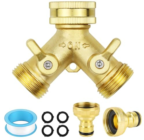 2 Way Brass Garden Tap Splitter 3/4 Inch with 2 Hose Connectors | Outside Tap Splitter, Individually Controllable Valves, Brass Construction, for Garden Hose Outdoor Watering and Irrig
