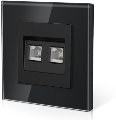 BSEED Doppelt Netzwerkdose CAT6 aus Glas,Unterputz Wandsteckdose mit Krallen, NEU E-Serie, 86mm Schwarz