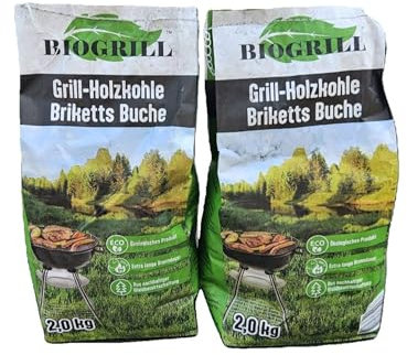 BIOGRILL Holzkohle Briketts 4 kg (2 Packungen je 2 kg) aus Reiner Buche, Premium Qualität Grillkohle Briketts, Perfekt für Grill & BBQ und Dutch Oven, Extra Lange Brenndauer Intensive Glut.