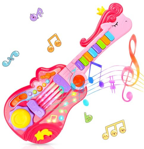 m zimoon Kids Toy Guitar 2 in 1 for Kids Musical Instruments Toddler Toy Pink Crown Fold Guitar Piano with Strap Electronic Music Educational Toys for 3 4 5 6 Year Old Boys Girls Gifts