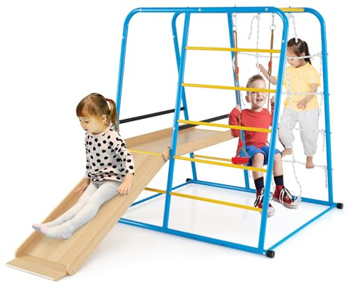 COSTWAY 6 en 1 Aire de Jeux d’Escalade avec Toboggan & Balançoire Réglable, Structure d’Escalade en Métal avec Échelle & Barres de Singe, Extérieur Intérieur, Charge 100kg pour 3 Ans+ (Petit)