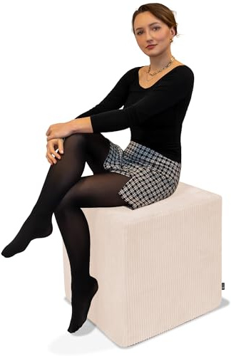 DreamRoots Cord Hocker Pouf, Würfel 50x50x50 cm, Cremefarben | Fußhocker, Sitzhocker, vielseitig als Sitzgelegenheit, Beistelltisch & Bodenkissen, Sitzpouf