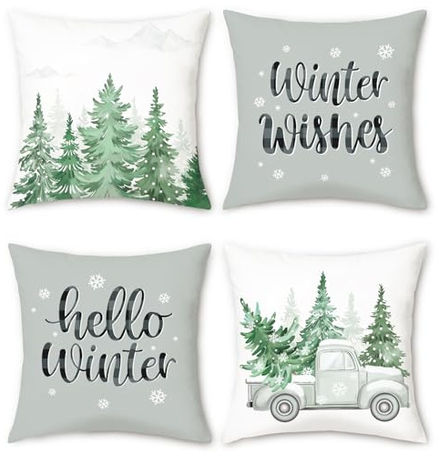 COZZSNUGE Hallo Winter Kissenbezüge 45 x 45 cm, Weihnachten Kiefern Schneeflocken Grau LKW Samtig Dekorative Kissenhülle Zierkissenbezüge für Sofa Wohnzimmer Zuhause 4er Set