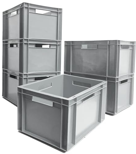 AUTORCE 6x 20L Heavy Duty Plastic Storage Boxes – Industrial Euro Stacking Containers 400x300x230(h) mm – Durable Stackable Crates for Tools, Garage, Warehouse, Home & Commercial Use (Grey)