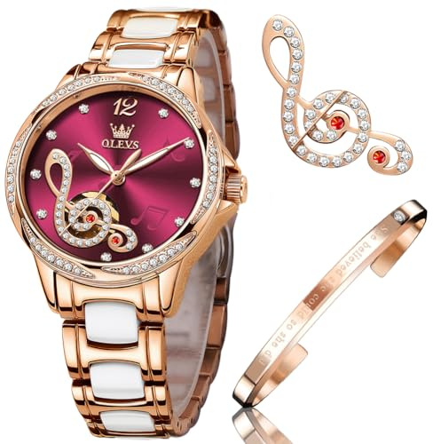 OLEVS Montres pour Femme à remontage Automatique en Or Rose avec Diamants Robes de Luxe Bracelet en céramique Blanche, 6631 Blanc