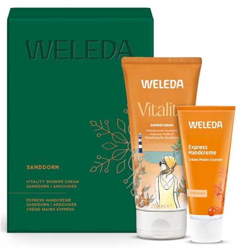 WELEDA Bio Weihnachts-Geschenkset Sanddorn 2025 - Naturkosmetik Winter XMAS Geschenk Set bestehend Duschgel & Handcreme - Unisex Körperpflege / Handpflege Set zu Weihnachten