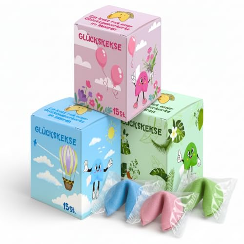 3 Pack Bunte Glückskekse - 45 Stück Einzeln Verpackt, Fortune Cookies mit Sprüchen Deutsch & Englisch, Vanille Geschmack, kleine Geschenke Geburtstag, Gastgeschenke Hochzeit Deko, Kommunion & Taufe