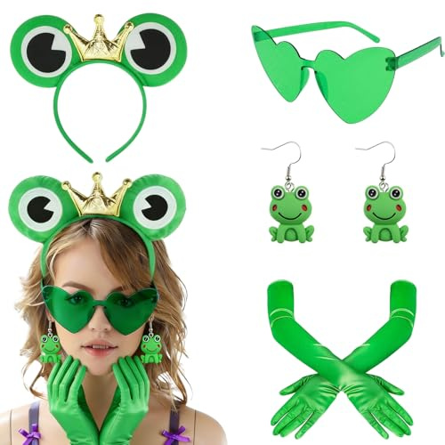 Auzlya 4 Stück Frosch Kostüm Damen,Frosch Kostüms Erwachsene | Frosch Haarreif Ohrringe,Haarschmuck,Grüne Herzbrille Herz,für Karneval Party Kostüm