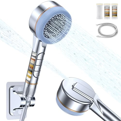 Hard Water Filter Shower Head,4 Modes High Pressure Bathroom Showerhead Set | Large Power Handheld Showerhead for Residual Chlorine Remove,Stainless Steel Hose,Stand & 3 Filters