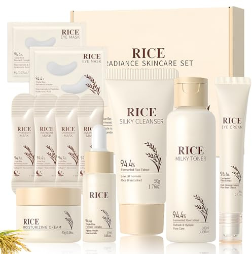 Rice Skincare Kit, Skincare Coreano Kit, Rice Cuidado Facial Mujer con Limpiador Facial, Mascarillas Coreanas, Máscara Ojos, Rice Toner, Cremas Faciales, Contorno Ojos, Serum Coreano, 11 Piezas
