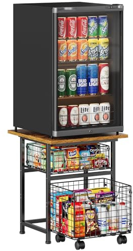 Mini Fridge Stand with Storage, Small Refrigerator Stand with 2 Drawers, Mini Fridge Shelf Cabinet-Max Load 400 LBS Heavy Microwave Stand Mini Fridge Cart for Dorm, Apartment, Kitchen, (Brown)