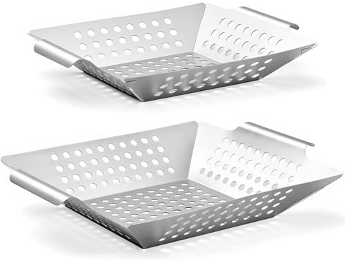 Geiserailie Grillkorb 2er-Pack M/L (20,5x24,5x4cm/ 31x26x6cm) Grillschale aus Edelstahl für Gemüse Fleisch Fisch Gas- Elektro- Holzkohlegrill Spülmaschinenfest Rostfrei