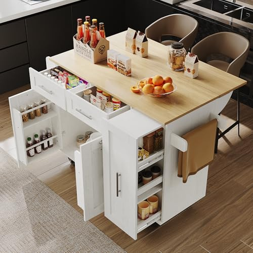 Kitchen Island on Wheels, Rolling Kitchen Storage Trolley with Foldable Tabletop, 3-in-1 Multifunctional Dining Table with Shelves Drawers Towel Rail & Spice Rack, Serving Cart Extendable (White-F)