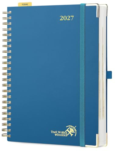 POPRUN Kalender 2027 Tageskalender A4 1 Tag 1 Seite, Hardcover Tagesplaner | 12-Monate-Terminplaner(Jan.2027-Dez.2027), Spiralbuch, 80 GSM Papier, mit Plastiklineal, für Büro & Studium(Nachtblau)