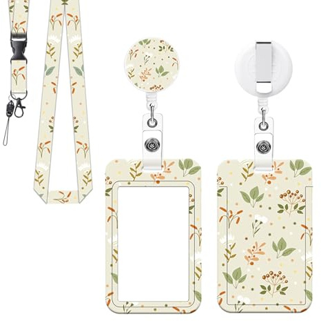ZILZUFA Ausweishülle mit Band und Ausziehbarem Badge Reel - Kartenhalter mit Lanyard für ID-Karten, Grüne Blätter Design, Kartenhülle für Krankenschwester, Büro, Studenten, Dienstausweis Hülle Set