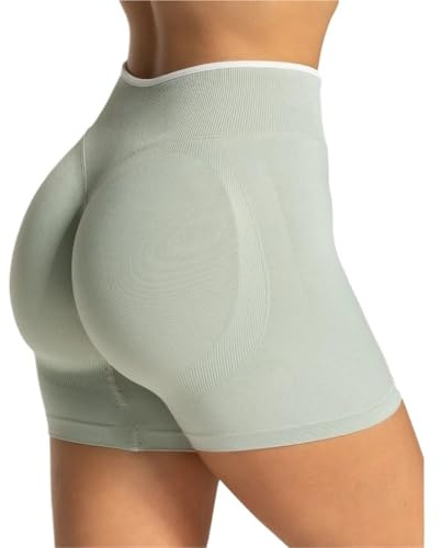NFEKLFI Yogashorts för kvinnor, sömlösa, för gym, färgblock, sport, smal midja, elastiska, lyftande höftbyxor för löpning, Ljusgrön, S