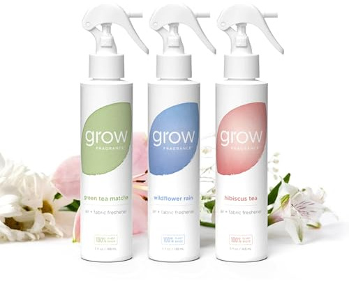 Grow Fragrance Spring 3-Pack – Non-Toxic Air Freshener Spray – Green Tea Matcha, Hibiscus Tea & Wildflower Rain – 100% Plant-Based Essential Oils – Safe for Home, Car & Linens – 5 oz Each