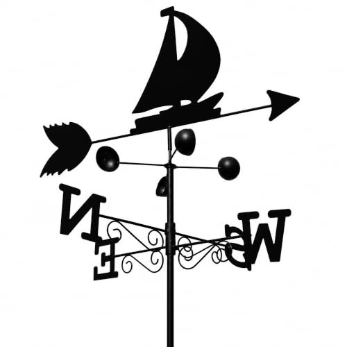 Garden Market Place Weathervane Boat – Weather Vane with Wind Speed Cups, All-Steel Direction Indicator, Wall Fixings & Ground Spike, Black Vane for Garden, Shed, 50cm Wide, 1.7m Tall
