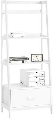 SoBuy Libreria scala legno Scaffale a scala bianca angoliera soggiorno con 4 ripiani e 1 cassetto con con guide telescopiche FRG116-W