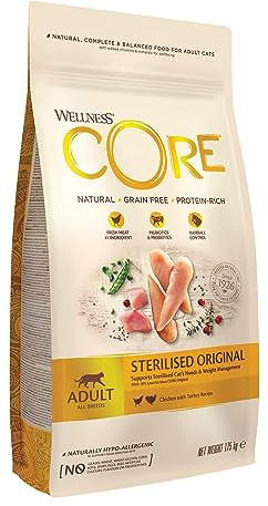Wellness CORE Original Stérilisé 1,75kg, Poulet/Dinde – Croquettes pour Chats Stérilisés, sans Céréales, Naturelles, Hypoallergénique, Riche en protéines, À Haute Teneur en Viande, pour Un Poids Sain