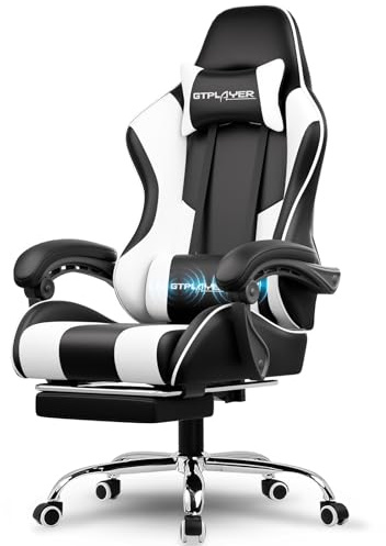 GTPLAYER Gaming Stuhl Ergonomischer Schreibtischstuhl Drehstuhl, Chefsessel mit Massagefunktion, bis 136 kg belastbar, Verlängerte und Verbreiterte Rückenlehne, Weiß