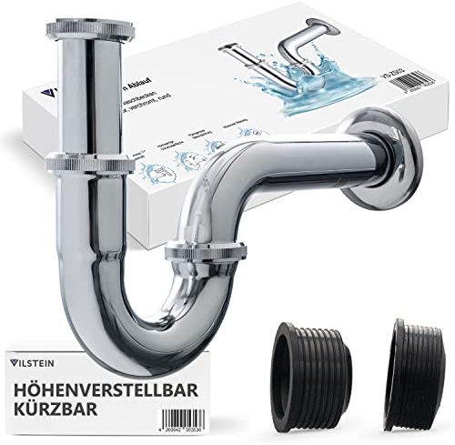 VILSTEIN Siphon Waschbecken | Verchromt | Geruchsverschluss | Syphon Badezimmer Waschbecken | Sifon Waschbecken | Höhenverstellbar & kürzbar