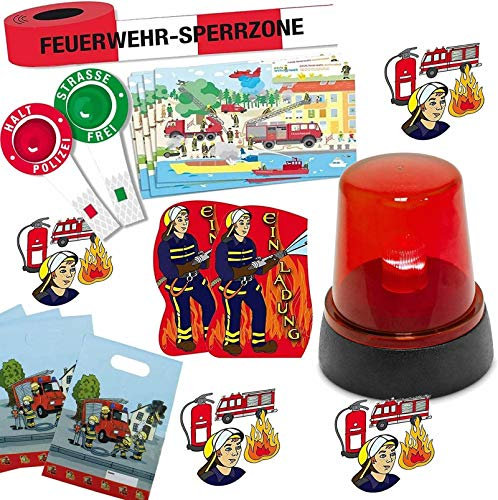 Carpeta 114-tlg. Deko-Set * Feuerwehr * für Kindergeburtstag und Mottoparty | mit Einladungskarten + Partytüten + Platzsets + Absperrband + LED + Konfetti + weiteres Deko | Motto Party Geburtstag