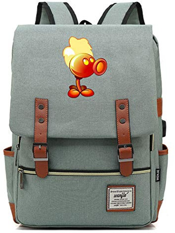 WANHONGYUE Plants vs. Zombies Spiel Backpack Vintage Schulrucksack Studententasche Schulranzen 15,6 Zoll Laptop Rucksack mit USB-Ladeanschluss Green / 4