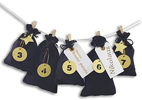 Frau WunderVoll® DIY Adventskalender zum Befüllen Schneeflöckchen Stoffbeutel schwarz, Ziffern Gold/Weihnachtskalender,Zahlen,Beutel,Sack,Säcke,Säckchen,Stoff,Baumwolle,Geschenkbeutel,Bastelset