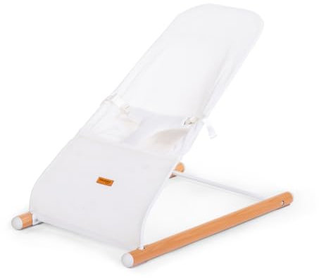 CHILDHOME, Babywippe Ergonomisch ab Geburt, Balance Bewegung, Optimale Rücken- und Nackenstütze, Sicherheitsgeschirr, Buchenholz, 3D Atmungsaktives Gewebe, Aufbewahrungstasche, Evolution Liege, Weiß