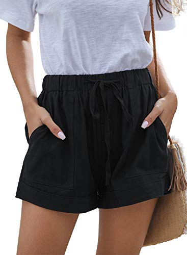 HVEPUO Cotone Lino Shorts Donna Estivi Pantaloncini Eleganti Moda Pantaloni Corti Regali Leggeri Palazzo Pantaloncini Premaman Trekking Elastico Vita Short Nero L