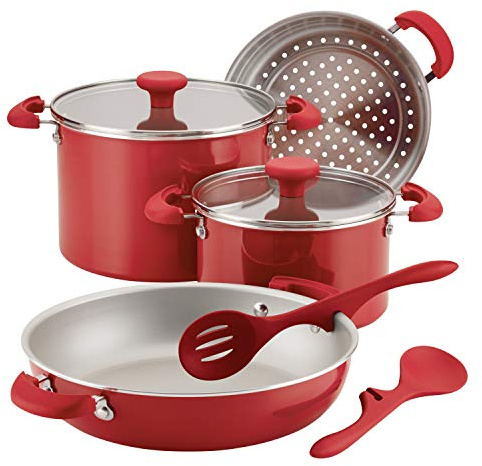 Rachael Ray 11944 Get Cooking Stackable Nonstick Cookware Pots and Pans Set, Aluminum, Red
