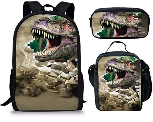 Binienty Modische Schultasche 3-in-1 für Kinder, Jungen, Mädchen, Rucksack + Lunch-Tasche + Federmäppchen, Dinosaurier - Breaking the Wall, Einheitsgröße,