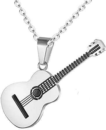 Yifnny Gitarre Halskette, Herren Edelstahl Rock E-Gitarre Bass Anhänger Halskette Gitarren Plektrum Halskette mit Rolo Kette Hip Hop Musik Stil Personalisiertes Geschenk für Männer Frauen