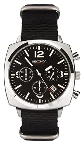 Sekonda Airborne Mens 40mm Quartz Watch in Black with Chronograph Date Display, and Black Canvas Strap 1989