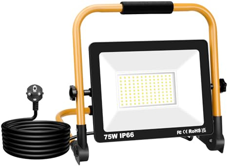 Willpower Foco de Trabajo LED 75W 7500LM Portátil Con Soporte Plegable - Proyector Con Enchufe, Luz de Construcción Impermeable IP66 Para Exterior, Obra, Taller, Garaje - 6000K Blanca
