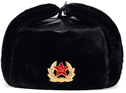 Ciamlir Russische Mütze Sowjetarmee Militärabzeichen Russland Bomberhüte Pilot Trapper Trooper Hut Winter Faux Kaninchenfell Ohrenklappe Herren Schneekappen,Schwarz,Einheitsgröße