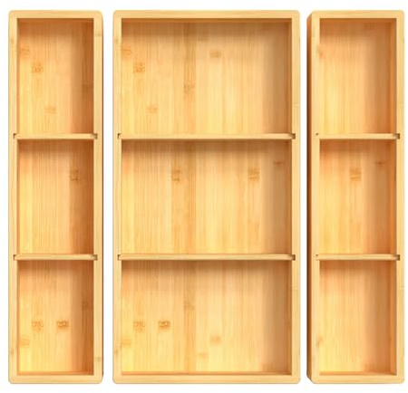 DUJEN Bamboo Drawer Organizer 12.5'' X 12.5'' X 2'', Adjustable 3 Individual Junk Drawer organizer for Bathroom and Kitchen, Wood Drawer Tea Organier Boxes for Silverware, Make up and Tea Bag