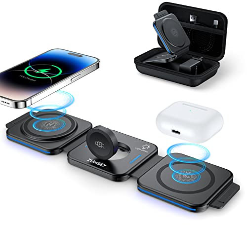ZUMSEY Wireless Charger for iPhone/Apple Watch/AirPods, 3 in 1 Wireless Charging Station for iPhone 16/15/14/13/12 Series, Travel Charger for iWatch 10/9/Ultra 2/Ultra/8/7/6/SE/5/4/AirPods 4/3/2/Pro