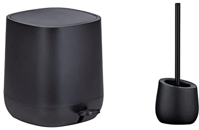 WENKO Treteimer Davos, 5 Liter, puristischer Kosmetikeimer mit Easy-Close Absenkautomatik, 23,5 x 26 x 27,5 cm, Schwarz matt & WC-Garnitur Badi Schwarz, hochwertige Keramik mit Matter Oberfläche
