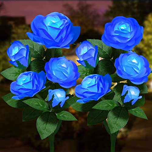 YWYWLED Solar Flower Lights Outdoor - Upgraded Realistic LED Solar Powered Waterproof Lights with 5 Roses, Solar Decorative Stake Light for Garden (Blue, 2 Pack)