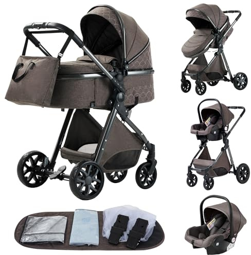 YAZOCO kinderwagen 3 in 1 Buggy Babybett Komplett Set Einem Klick Zusammenklappbarer Kinderwagen, KombiKinderwagen Aluminiumrahmen für Neugeborene Sitzzubehör (4 Schokolade) | Faltbarer Trio Kinderwagen Baby im Angebot Tasche mit Windel (3 in 1 V9 Schokolade)