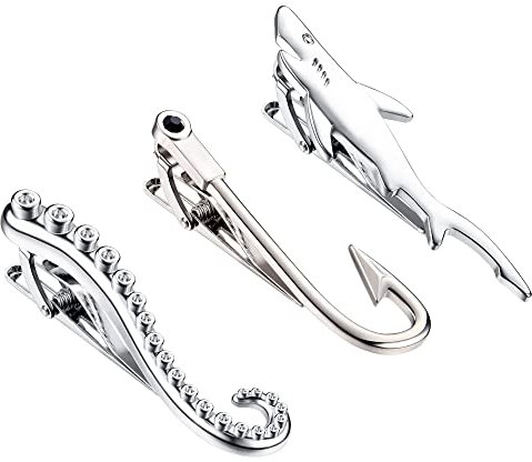 Kakonia Krawattenklammern für Männer Einzigartiges personalisiertes Kreuz Hai Fischhaken Schwert Gitarre Oktopus Gliedmaßen Baum Kompass Krawattenhalter Set C