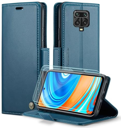 FERLAN Funda para Xiaomi Redmi Note 9S/Redmi Note 9 Pro + 2 Piezas Cristal Templado,Compatible con Carga inalámbrica, con Bloqueo RFID, Hebilla Magnetica, Ranuras para Tarjetas,Azul