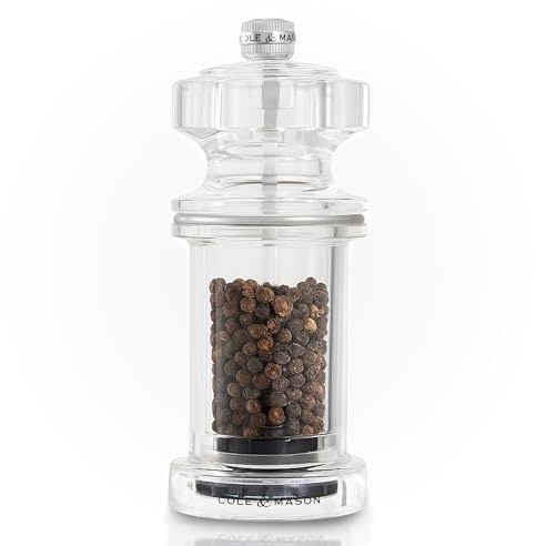 Cole & Mason 605 Pepper Mill, Adjustable Precision+ Carbon Steel Mechanism, Pepper Grinder for Seasoning/Cooking, Acrylic, 144mm, Lifetime Mechanism Guarantee
