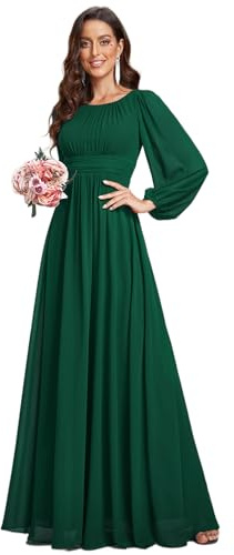 Ever-Pretty Plus Vestido Casual Largo para Mujer Corte Imperio Escote Redondo Talla Grande A-línea Manga Larga Elegantes Verde Oscuro 54