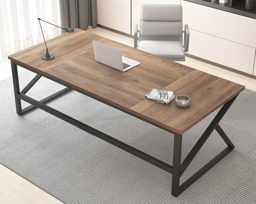 HSH Large Home Office Desk, Modern Wood Metal Computer Desk for Two Person, Extra Long Executive Writing Study Gaming Double Desk Workstation, Bedroom Living Room Table, Rustic Oak, 180 CM