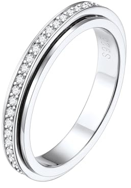Silvora 925 Silber Spinner Fingerring 3.5mm breit Drehbarer Kristall Fidget Ringe Anti-Stress Anxiety Bandring Schlichter Weiß Zirkonia Ehering Verlobungsring Trauring Ringgröße 52 (16.5)